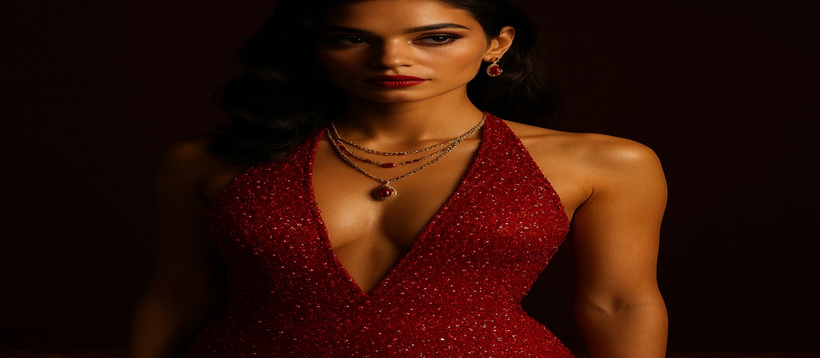 7p77 গেমিং প্ল্যাটফর্মের টেবিলে লাল পোশাকে সজ্জিত একজন নারী উপস্থিত