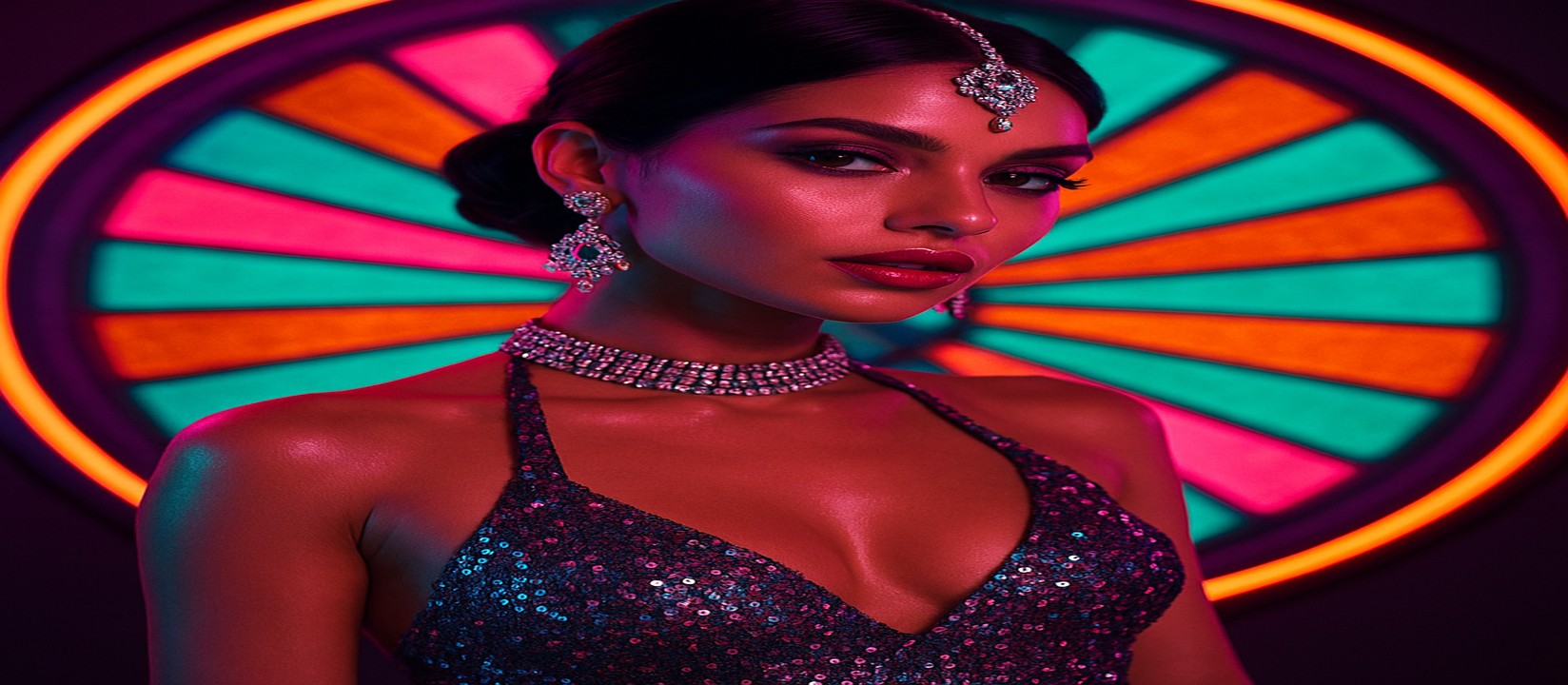 রঙিন 7p77 গেমিং প্ল্যাটফর্মের সামনে উজ্জ্বল পোশাকে এক নারী