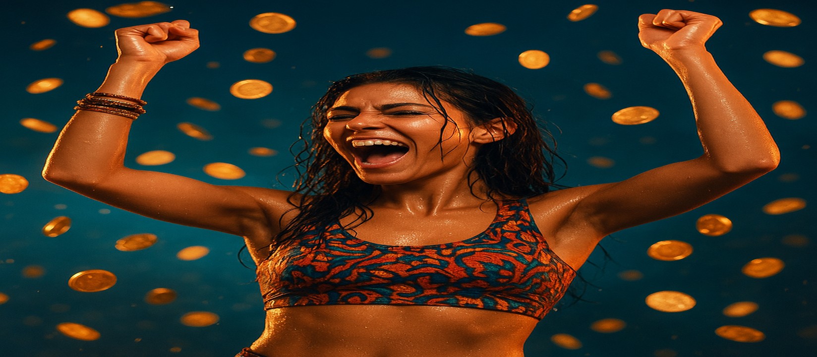 মুদ্রার ঝরনার মাঝে রঙিন পোশাকে 7p77 প্ল্যাটফর্মের একজন